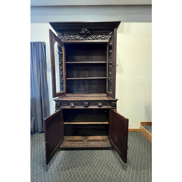 Wood Antique French Normandy Hand Carved Oak Hutch – 19th Century Cabinet For Sale - Image 7 of 7