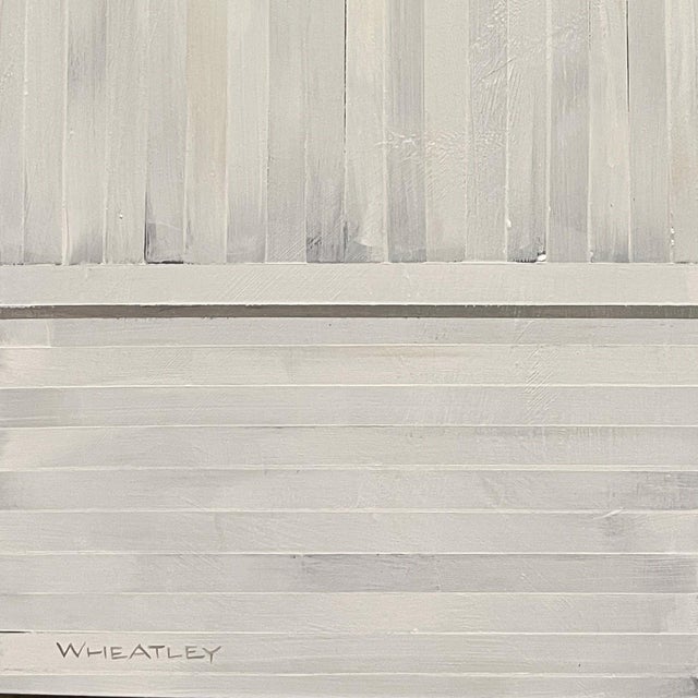 Lovely Day by Justin Wheatley | Acrylic on Panel White barn with windows under a blue sky For Sale - Image 4 of 5