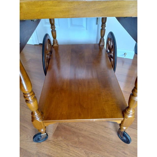 1970's Ethen Allen Early American Solid Maple Drop-Leaf Tea Cart For Sale - Image 11 of 12