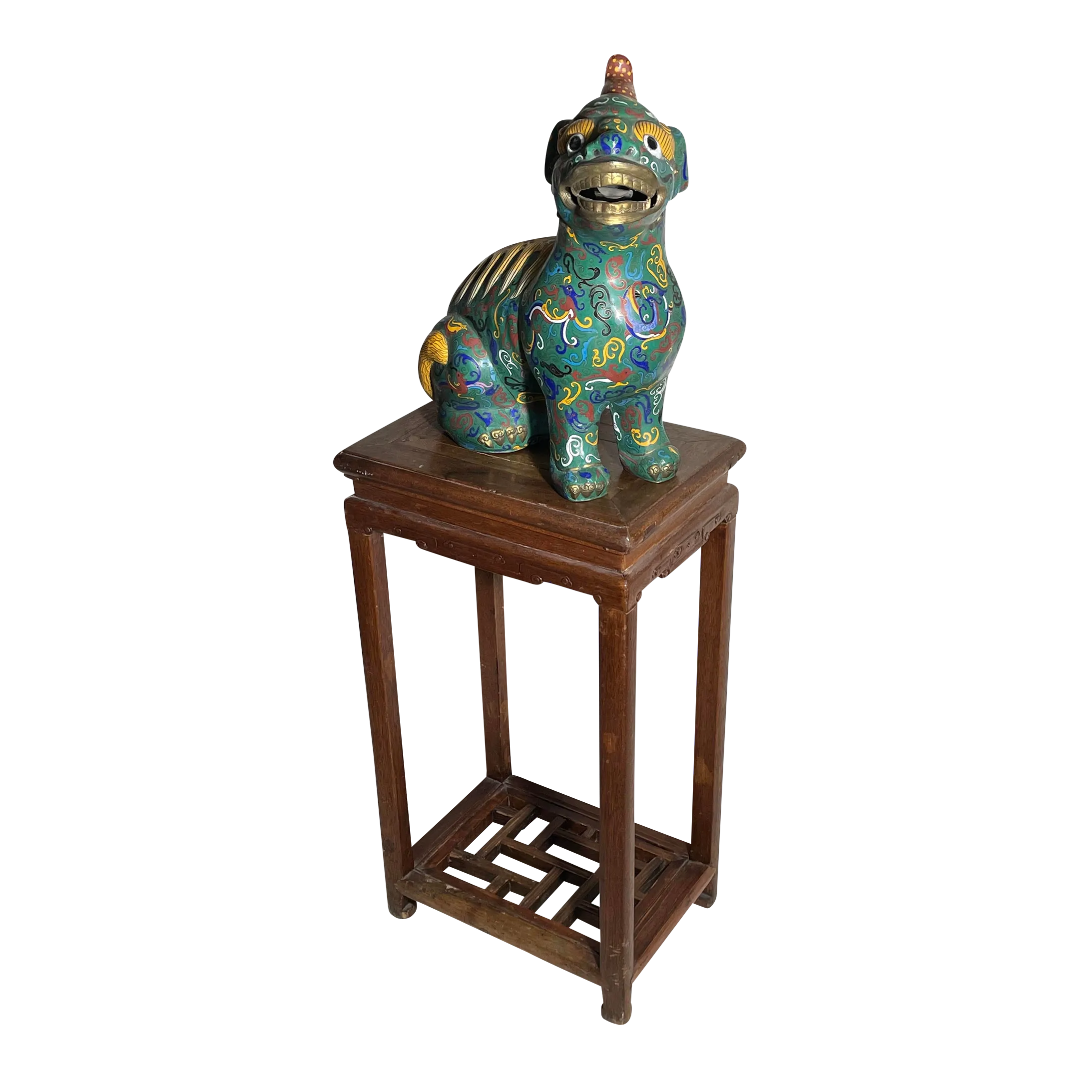 1960s Large Chinese Cloisonne Enamel Foo Dog & Ornate Wood Table