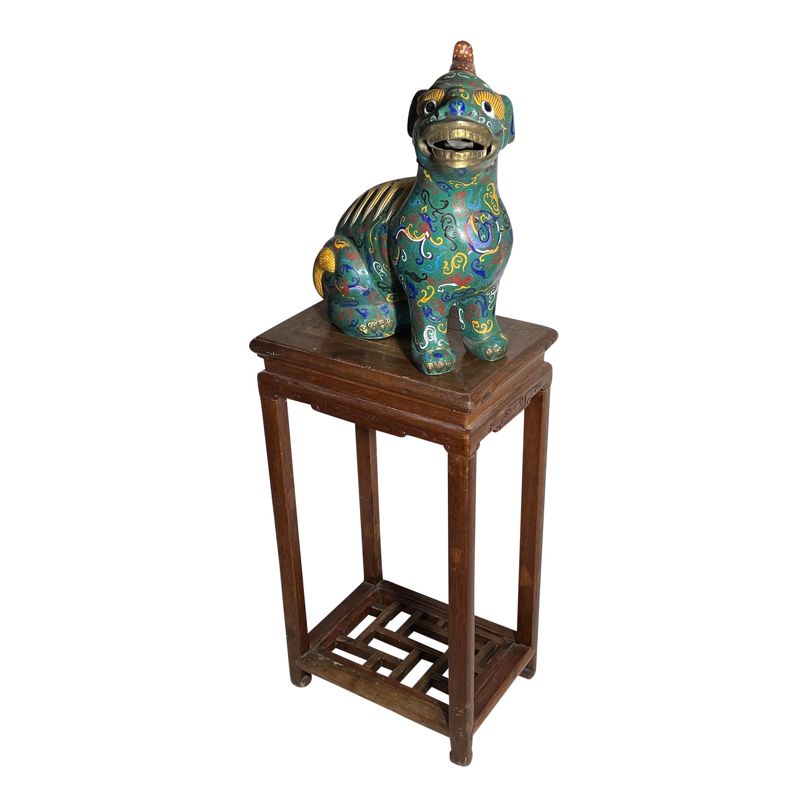 1960s Large Chinese Cloisonne Enamel Foo Dog & Ornate Wood Table