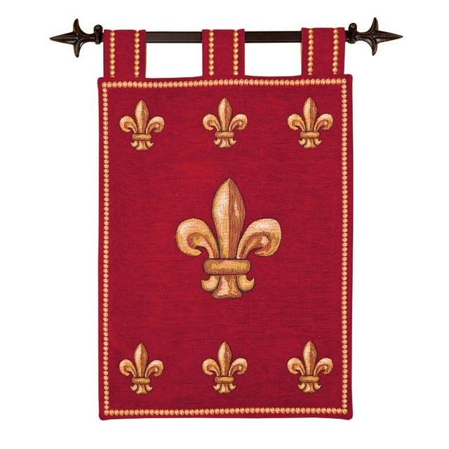 This striking Wallhanging, woven in rich chenille cotton tapestry, depicts the renowned Fleur de Lys or lily flower...