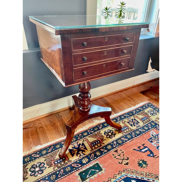 Wood Regency Quilted Mahogany Worktable With Pedestal Base, Early 19th Century For Sale - Image 7 of 10