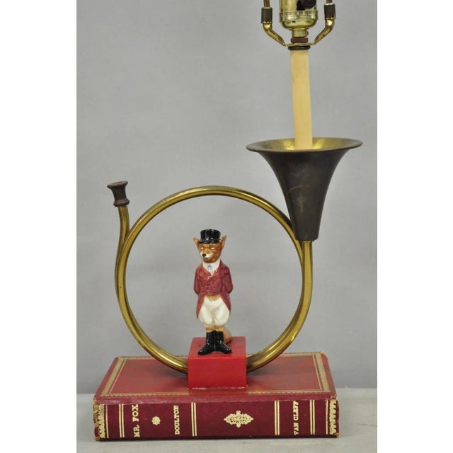 English Vintage Equestrian Porcelain Snooty Mr Fox Brass Trumpet on Red Book Table Lamp For Sale - Image 3 of 14