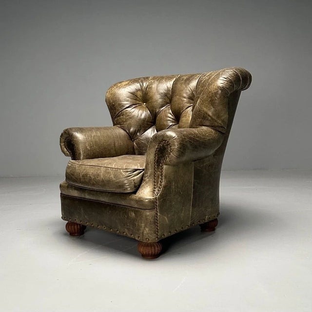 Georgian, Chesterfield, Oversized Lounge Chair, Tufted Green Leather For Sale - Image 4 of 11