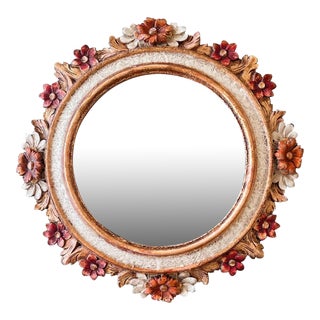 French Wall Mirror in Polychrome Wood With Flowers in Relief, 1960s For Sale