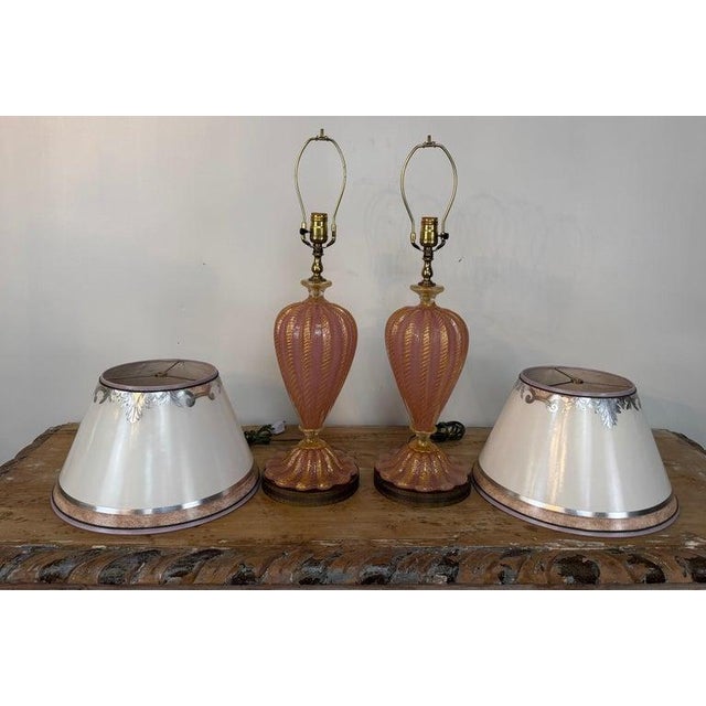 Mid-Century Modern Mid 20th Century Murano Pink and Gold Glass Table Lamps W/ Coordinating Parchment Shades - a Pair For Sale - Image 3 of 16