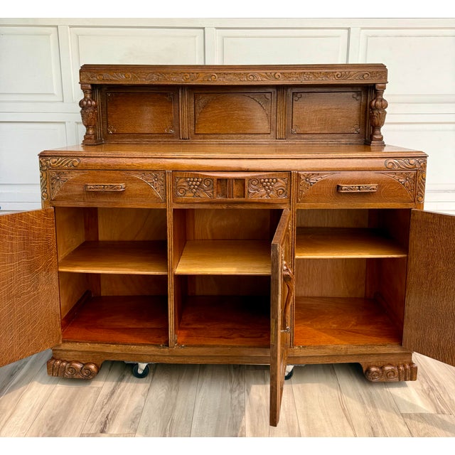 1920s Art Deco Carved Oak Sideboard Cabinet With Removable Gallery Top For Sale - Image 4 of 18