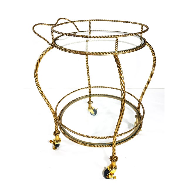 Metal 1960s Italian Gilt Iron Rope Bar Cart With Glass Shelves For Sale - Image 7 of 8