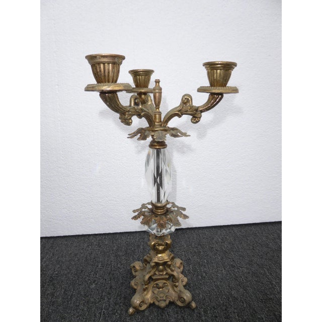 Gold French Provincial Candalabras Candle Holders W/ Crystals - a Pair For Sale - Image 8 of 13