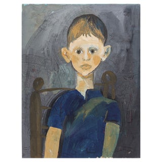 Raymond Debiève, Portrait of Boy in a Chair, 1960s, Gouache on Paper, Framed For Sale
