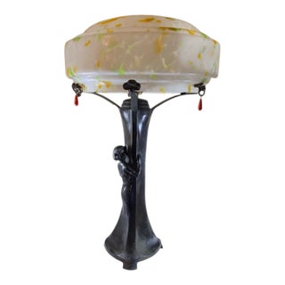 1900s Art Nouveau Lady Bronze Lamp Austrian Oil Spot/Papillon Shade-Gustav Gurschner For Sale