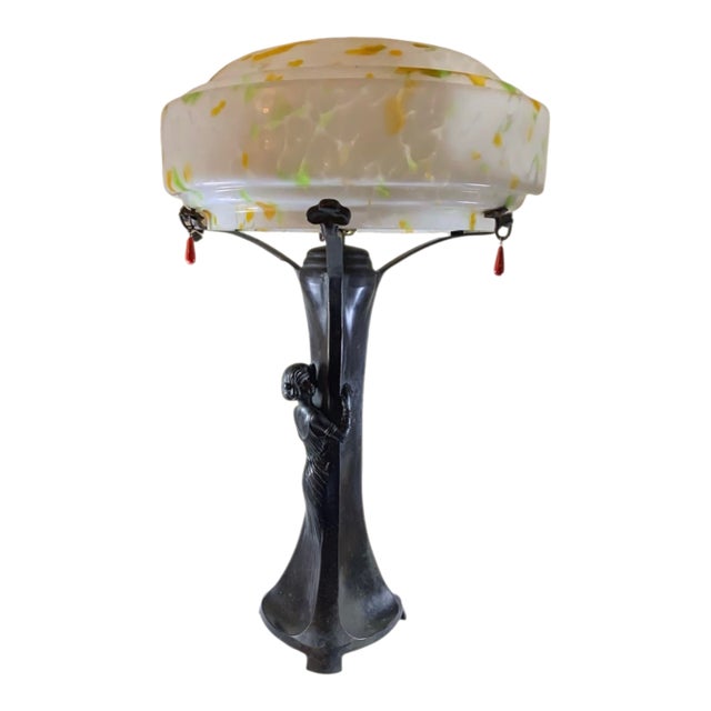1900s Art Nouveau Lady Bronze Lamp Austrian Oil Spot/Papillon Shade-Gustav Gurschner For Sale