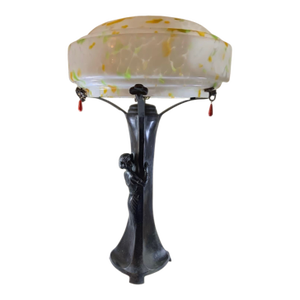 1900s Art Nouveau Lady Bronze Lamp Austrian Oil Spot/Papillon Shade-Gustav Gurschner