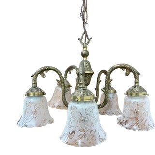 Vintage Spanish Neoclassical Style Etched Frosted Glass 5 Light Chandelier For Sale