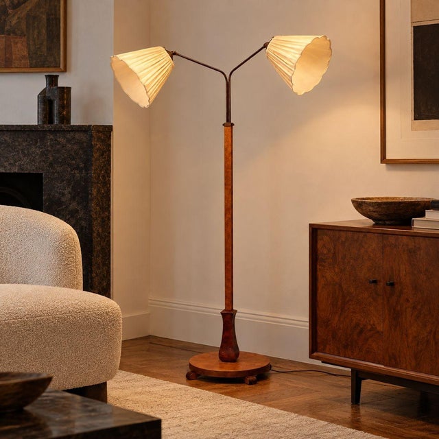 Swedish Art Deco, Double Floor Lamp, Burl Wood, Metal, Fabric, Sweden, 1940s A Swedish Art Deco double floor lamp designed...