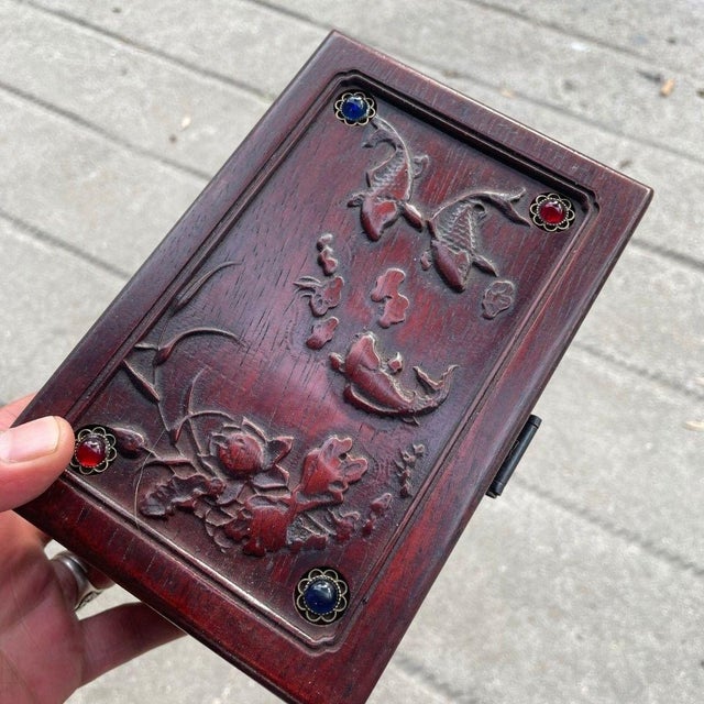 This is a beautiful vintage Chinese wooden box, crafted from polished, dark reddish-brown hardwood (likely Rosewood/Huali)...