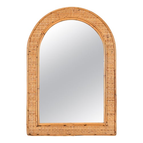 French Riviera Style Arch Mirror in Bamboo and Woven Wicker, Italy, 1970s For Sale