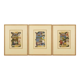 19th Century Indian Mughal Painted Manuscript Pages - Set of 3 For Sale