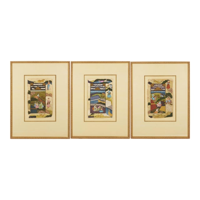19th Century Indian Mughal Painted Manuscript Pages - Set of 3 For Sale