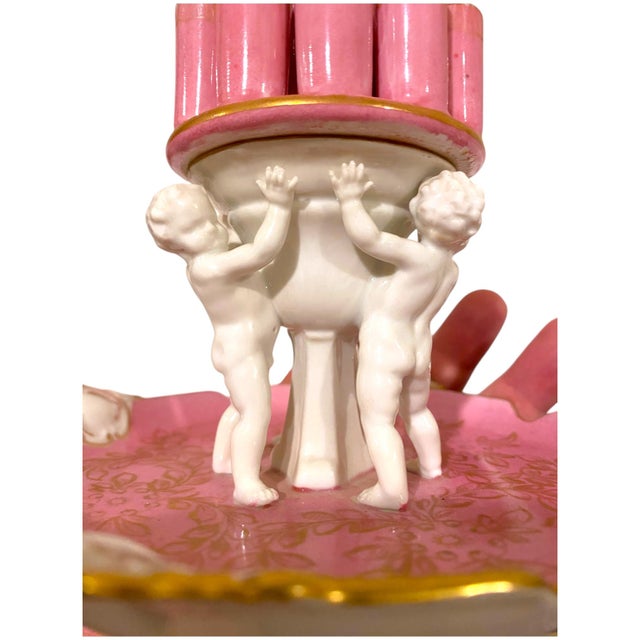 Ceramic Antique Carl Thieme Dresden Pink Porcelain Cherub Cigarette Holder / Flower Frog Vase For Sale - Image 7 of 14