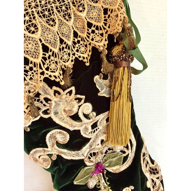 Textile Handmade Victorian Style Emerald Green Velvet Christmas Stocking With Cherub & Lace For Sale - Image 7 of 13