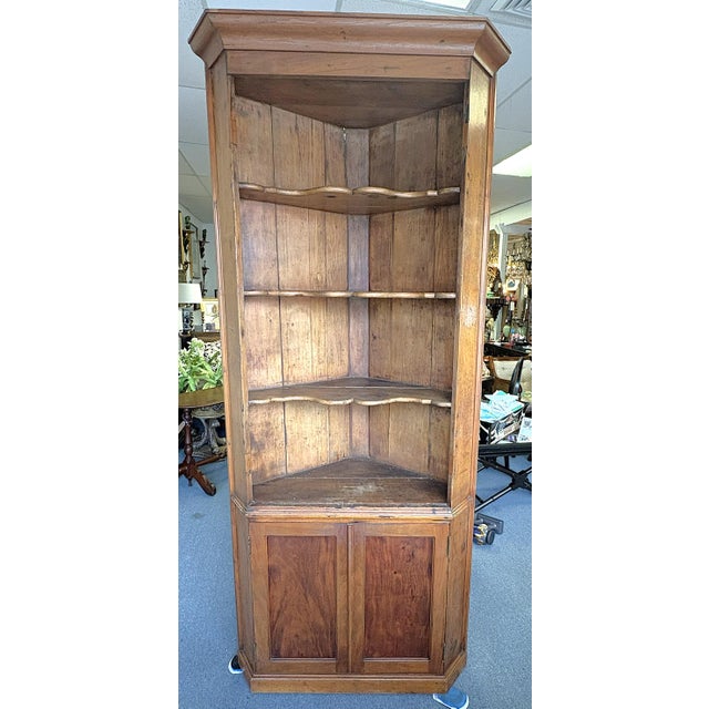 19th Century 19th Century Rustic American Pine Corner Cupboard With Open Shaped Shelves Over Doors For Sale - Image 5 of 18