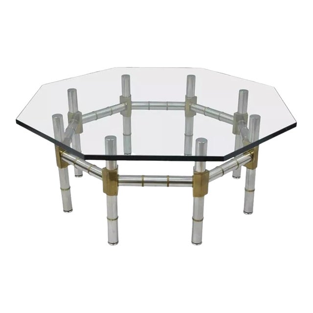 Mid Century Modern Chrome and Brass Faux Bamboo Octagonal Glass Top Coffee Table For Sale