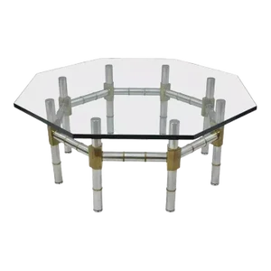 Mid Century Modern Chrome and Brass Faux Bamboo Octagonal Glass Top Coffee Table