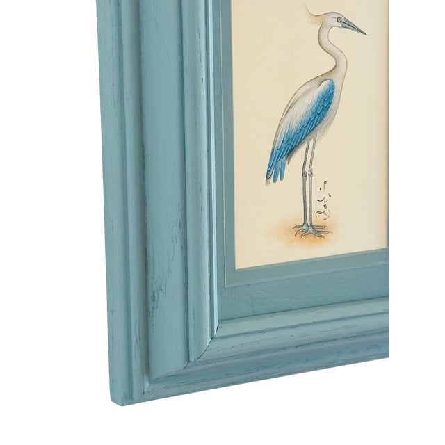 Nautical Original Hand-Painted Blue Heron Painting in a Handpainted Vintage Frame For Sale - Image 3 of 3