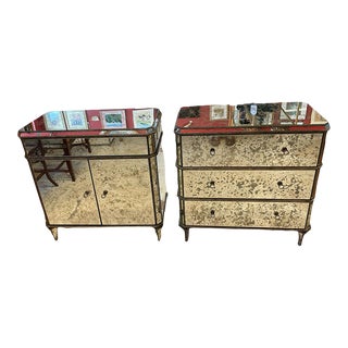 Pair of Currey and Company Mirrored Chest and Cabinet/ Nightstands For Sale