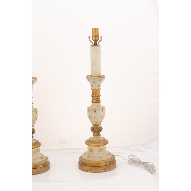 1940s 1940s Large Italian Gilt & Hand-Painted Candlestick Lamps For Sale - Image 5 of 12