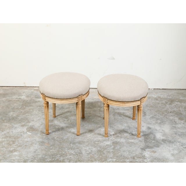Wood Pair of French Neoclassical Style Bleached Wood Stools with New Upholstery For Sale - Image 7 of 10