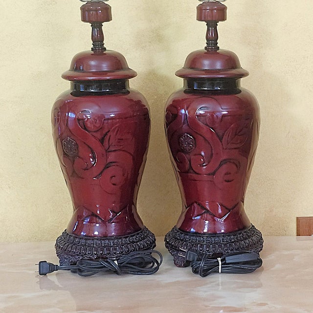 Burgundy Vintage Sang De Boeuf Red Chinoiserie Ginger Jar Table Lamps - Pair For Sale - Image 8 of 18