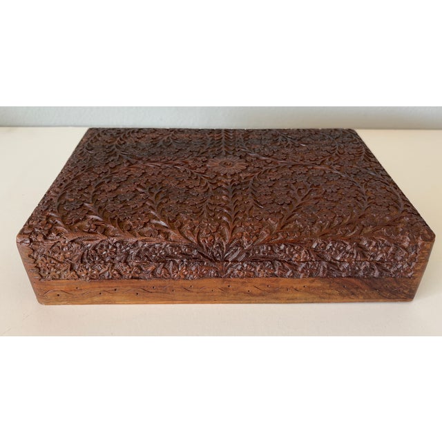 Antique Anglo-Indian Kashmir Hand-Carved Wood Jewelry Box Velvet Lined 1920s For Sale - Image 15 of 18