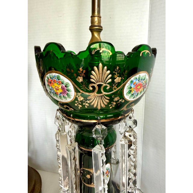 Antique Emerald Green Glass Luster Table Lamps With Crystal Prisms - a Pair For Sale - Image 10 of 12