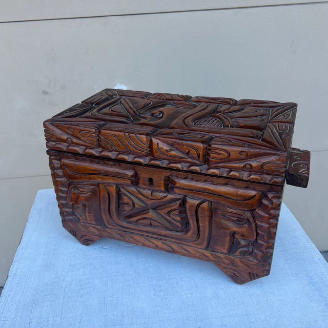 A Vintage Maya Themed Carved Mahogany Small Size Trunk, Honduras, Circa 1970's For Sale - Image 12 of 12