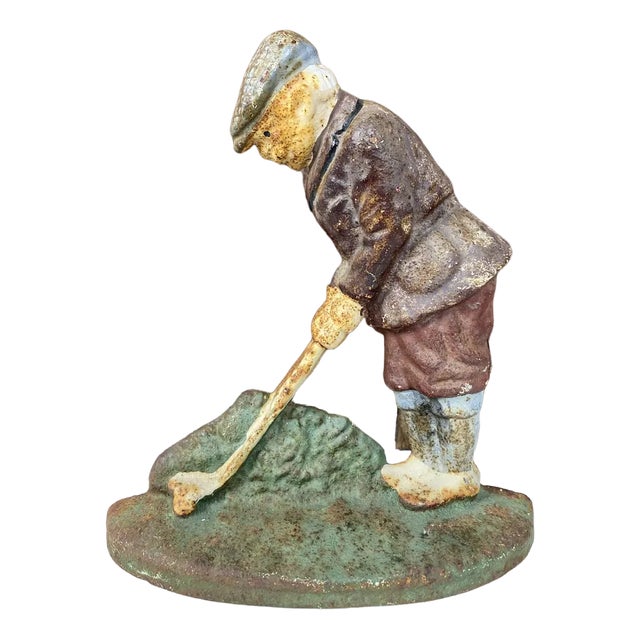 Original Painted Door Stop of Golf Player in Cast Iron, 1940s For Sale