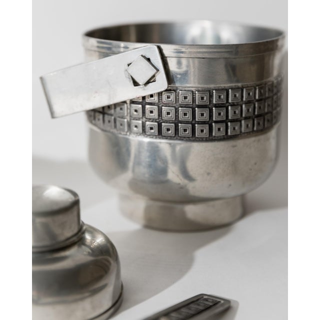 Silver Vintage Art Deco Style Pewter Cocktail Shaker with Strainer Lid and Ice Bucket with Scoop, Set of 3 For Sale - Image 8 of 13