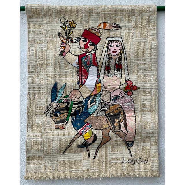Lazar Obican, Naive European French Folk Art Jovan Lazar Obican Tapestry Wall Hanging Weaving, 1968 For Sale - Image 9 of 13
