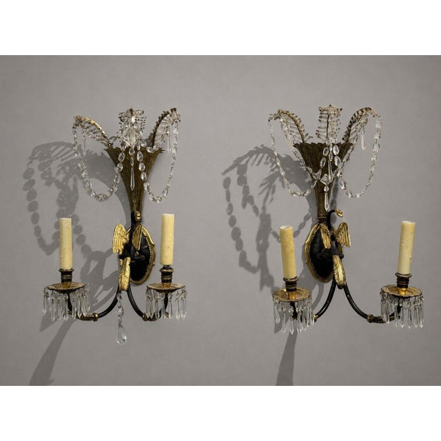 1930s 1930s Neoclassical Style, Swan Sconces, Gilt Metal, Crystal, France - a Pair For Sale - Image 5 of 11