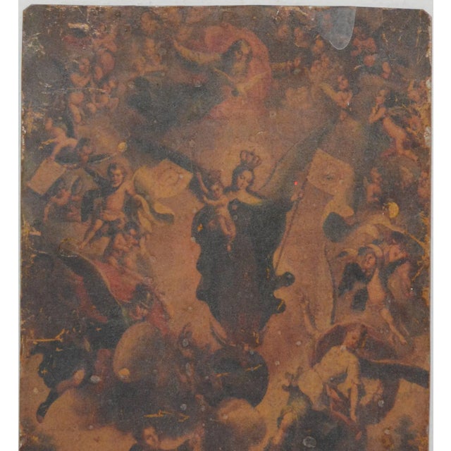 Up for your consideration is an early 19th century Retablo religious painting on tin. It has an array of religious...
