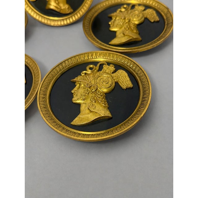 Mid 19th Century Set 5, 19th Century French Neoclassical Gilt Bronze Warrior Medallion Tiebacks For Sale - Image 5 of 10