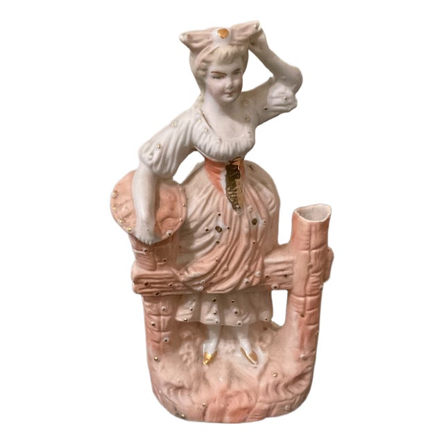 Vintage Victorian Bisque Porcelain Figurine of Woman by Fence For Sale