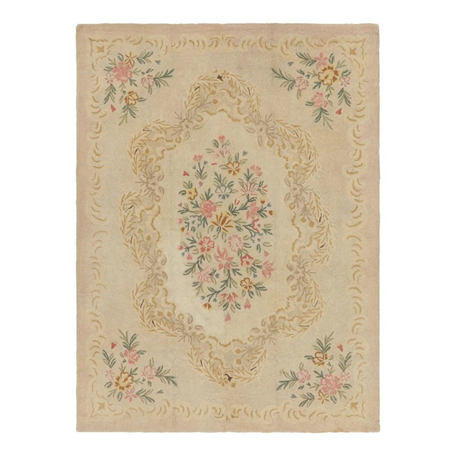 Vintage Hooked Rug in Cream With Floral Medallion | Rug & Kilim For Sale