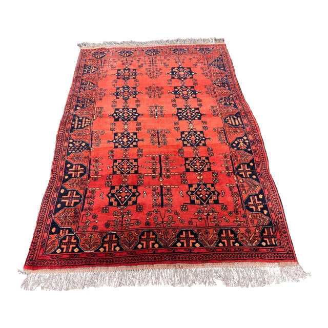 4ft 4in × 6ft 8in Hand-Knot Tribal Wool Area Rug, Vintage For Sale