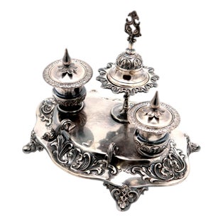 Silver Inkwell with Two Tanks and Bell For Sale