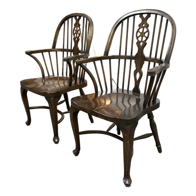 English Windsor Style Vintage Arm Chairs, Pair For Sale
