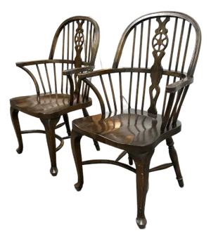 English Windsor Style Vintage Arm Chairs, Pair