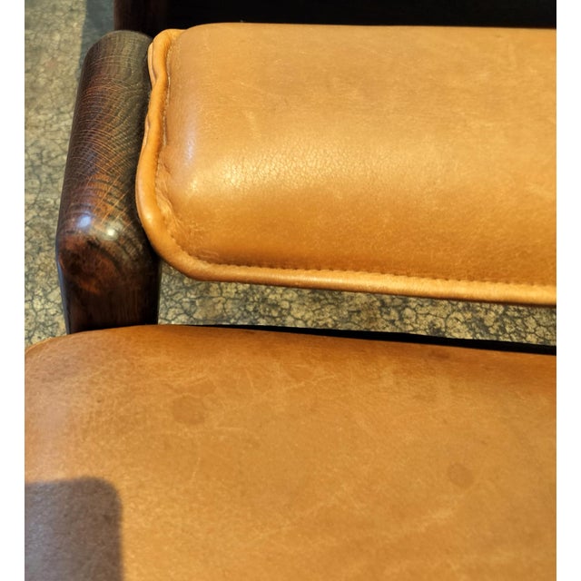 Brown Heavy Circa 1970 Oak and Cognac Leather French Club Chairs For Sale - Image 8 of 9